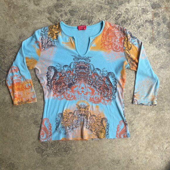 Y2K Noun Med Orange Blue French Chandelier 3/4 Sleeve Baby Tee V Neck Bimbocore - Picture 1 of 4